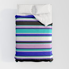 [ Thumbnail: Eye-catching Dark Turquoise, White, Plum, Blue & Black Colored Lined/Striped Pattern Comforter ]