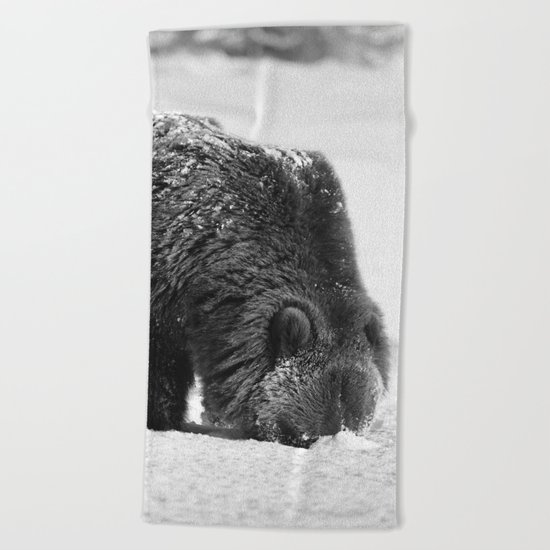 Alaskan Grizzly Bear in Snow, B & W - 2 Beach Towel