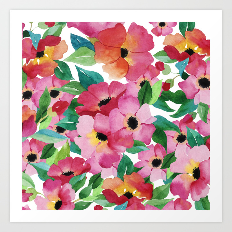 Neon Pink Orange Green Watercolor Hand Painted Flowers Art Print