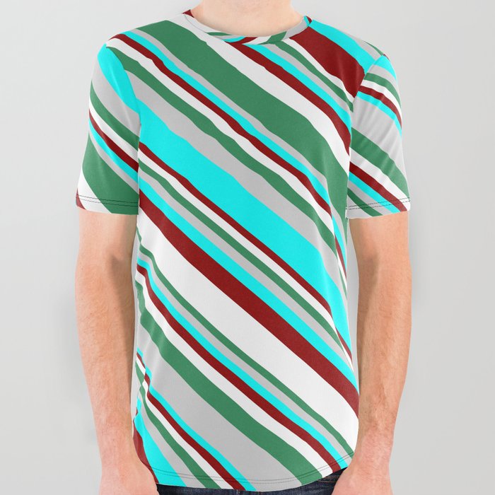 Eyecatching Sea Green, Light Grey, Cyan, Dark Red, and White Colored Lines Pattern All Over Graphic Tee
