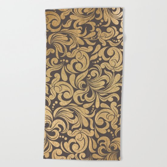 Gold foil swirls damask #11 Beach Towel
