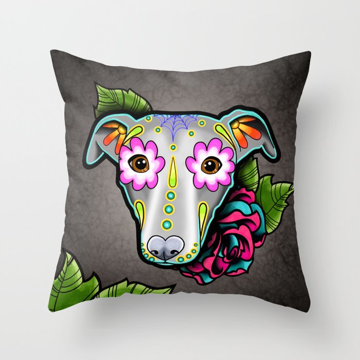 Greyhound - Whippet - Day of the Dead Sugar Skull Dog Throw Pillow