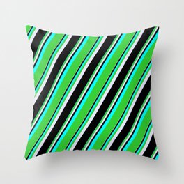 [ Thumbnail: Cyan, Lime Green, Lavender, and Black Colored Pattern of Stripes Throw Pillow ]