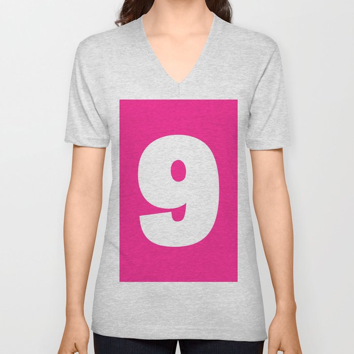 9 (White & Dark Pink Number) V Neck T Shirt