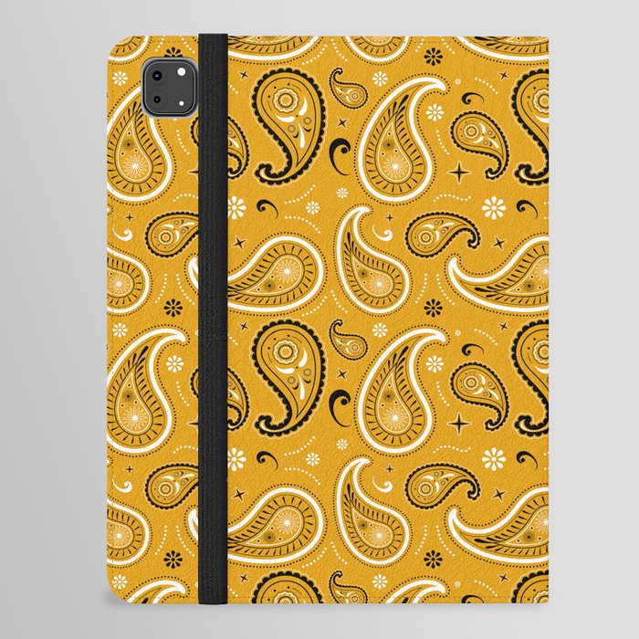 Black and White Paisley Pattern on Mustard Background iPad Folio Case