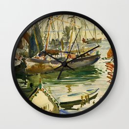 Ships in Harbor coastal nautical landscape painting by Hayley Lever Wall Clock