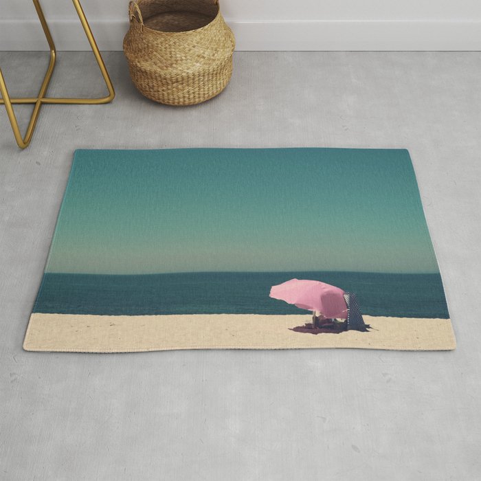 Beach print - Minimal Landscape - Pink Umbrella - Ocean - Sea - Travel photography Rug