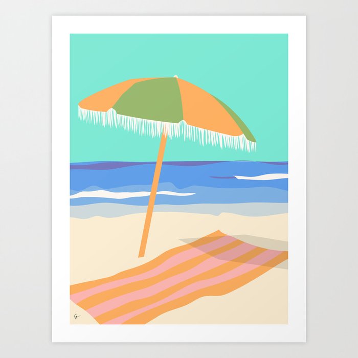 Retro Coastal Umbrella on the Beach Art Print