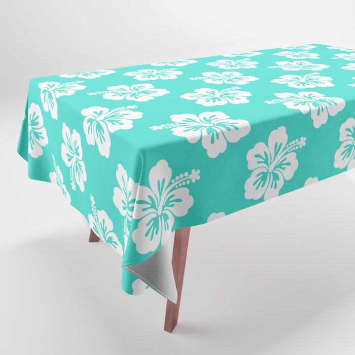 Turquoise and White Hibiscus Pattern Tablecloth