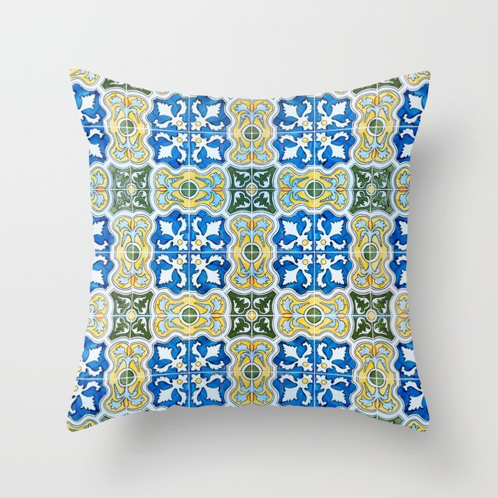 Seamless Floral Pattern Ornamental Tile Design : 6  blue, yellow Throw Pillow