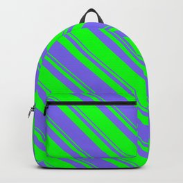 [ Thumbnail: Lime and Medium Slate Blue Colored Lined Pattern Backpack ]