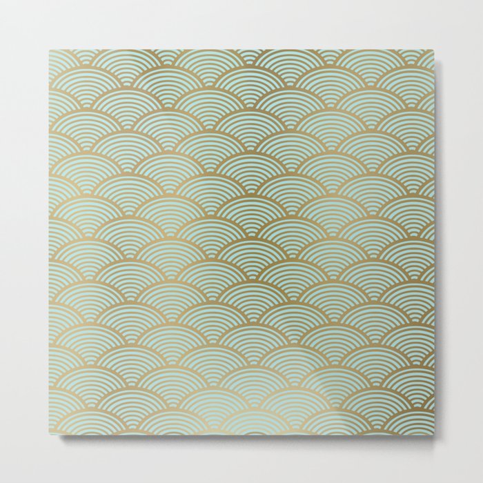 Festive, Art Deco, Wave, Pattern, Green and Gold Metal Print