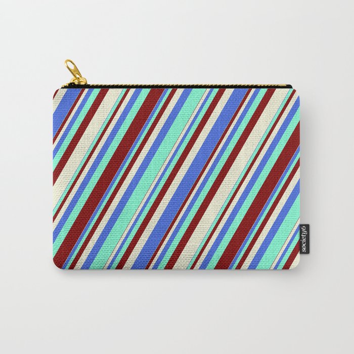 Royal Blue, Aquamarine, Maroon & Beige Colored Striped Pattern Carry-All Pouch