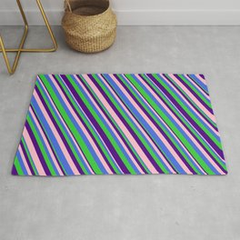 [ Thumbnail: Pink, Royal Blue, Lime Green, and Indigo Colored Lined/Striped Pattern Rug ]