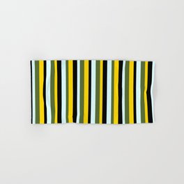[ Thumbnail: Light Cyan, Dark Olive Green, Yellow, and Black Colored Striped/Lined Pattern Hand & Bath Towel ]