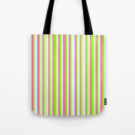 [ Thumbnail: Green, Pale Goldenrod, Light Cyan, and Hot Pink Colored Lined/Striped Pattern Tote Bag ]