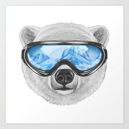 Portrait of Polar Bear with ski goggles. Art Print