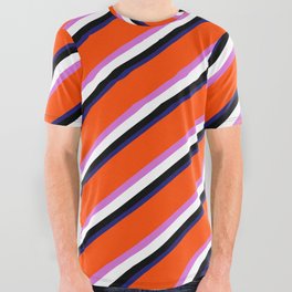 [ Thumbnail: Eyecatching Red, Orchid, White, Black, and Midnight Blue Colored Striped/Lined Pattern All Over Graphic Tee ]