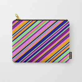 [ Thumbnail: Colorful Light Green, Purple, Violet, Orange & Dark Blue Colored Lines/Stripes Pattern Carry-All Pouch ]