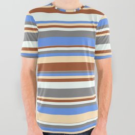 [ Thumbnail: Colorful Sienna, Mint Cream, Gray, Cornflower Blue & Beige Colored Striped Pattern All Over Graphic Tee ]