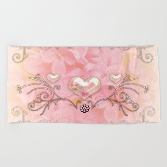 Wonderful hearts with flowers Beach Towel