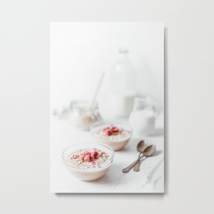 Raspberry Fruit Oats And Milk, Morning Porridge Breakfast, Kitchen Restaurant Cuisine Art Print Metal Print