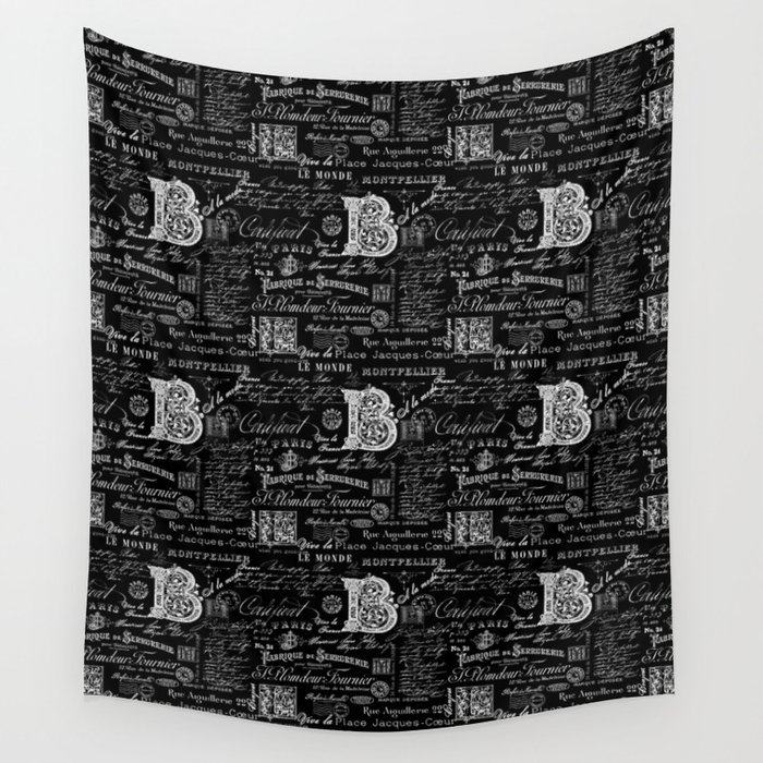 Black And White Nostalgic Lettering With Initial B Wall Tapestry