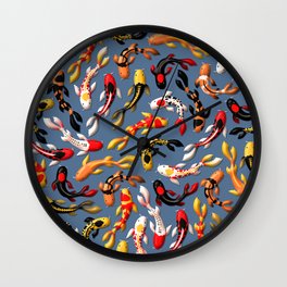 Pattern of colorful Japanese koi fish before simple dark blue background Wall Clock