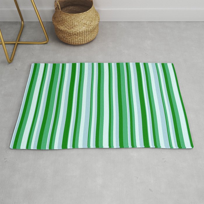 Light Cyan, Light Blue, Green, and Sea Green Colored Pattern of Stripes Rug