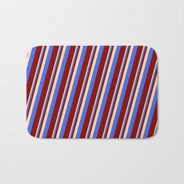 [ Thumbnail: Tan, Royal Blue, and Maroon Colored Lines Pattern Bath Mat ]