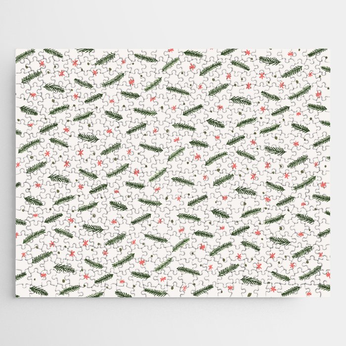 Christmas branches and stars - olive and coral Jigsaw Puzzle