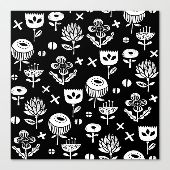 Linocut floral florals minimal scandinavian minimalist art print pattern black and white Canvas Print