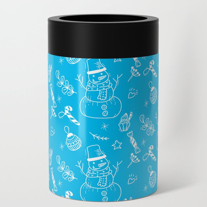 Turquoise and White Christmas Snowman Doodle Pattern Can Cooler