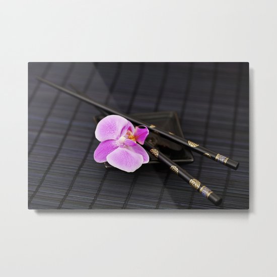 Zen pink Orchid flower on black Metal Print