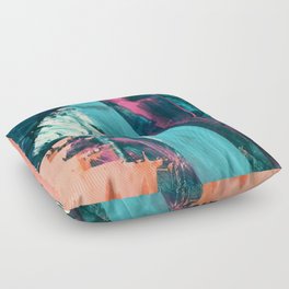 Wild [7]: a bold, colorful abstract mixed-media piece in teal, orange, neon blue, pink and white Floor Pillow