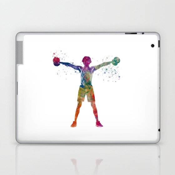 Young man exercising fitness in watercolor Laptop & iPad Skin