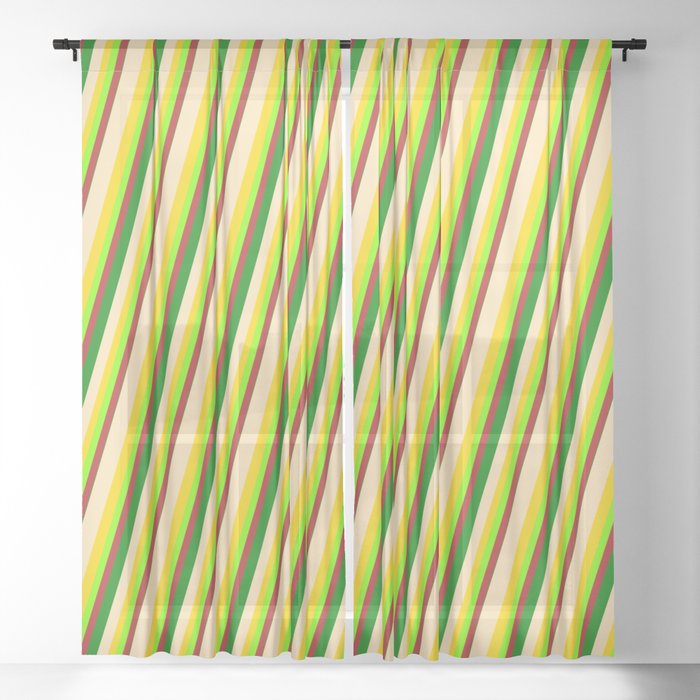 Vibrant Beige, Yellow, Chartreuse, Red & Green Colored Pattern of Stripes Sheer Curtain