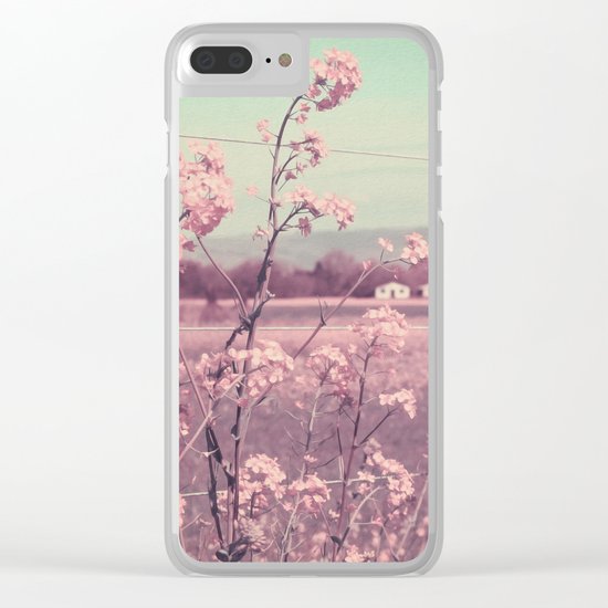 Sweet Spring (Teal Sky, Soft Pink Wildflowers, Rural Cottage) Clear iPhone Case