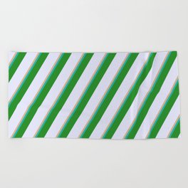 [ Thumbnail: Tan, Light Sea Green, Forest Green, and Lavender Colored Lined/Striped Pattern Beach Towel ]