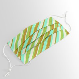 [ Thumbnail: Beige, Green, Dark Goldenrod, and Aquamarine Colored Striped/Lined Pattern Face Mask ]
