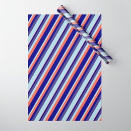 [ Thumbnail: Dark Slate Blue, Light Blue, Red, and Dark Blue Colored Lined Pattern Wrapping Paper ]