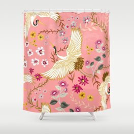 Chinoiserie cranes on pink, birds, flowers,  Shower Curtain
