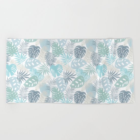 Tropical Leaves Pattern Blue Beach Towel