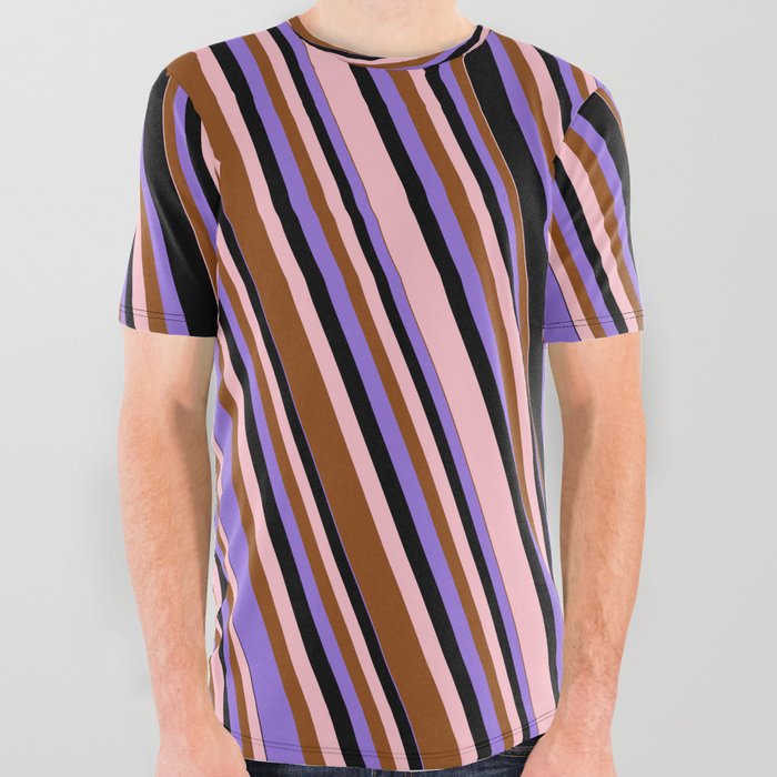 Pink, Brown, Purple & Black Colored Lined Pattern All Over Graphic Tee