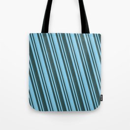 [ Thumbnail: Sky Blue and Dark Slate Gray Colored Lines Pattern Tote Bag ]