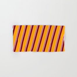 [ Thumbnail: Colorful Maroon, Orange, Light Pink, Crimson, and White Colored Lines/Stripes Pattern Hand & Bath Towel ]