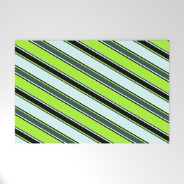 [ Thumbnail: Light Green, Dark Slate Gray, Light Cyan, and Black Colored Striped Pattern Welcome Mat ]
