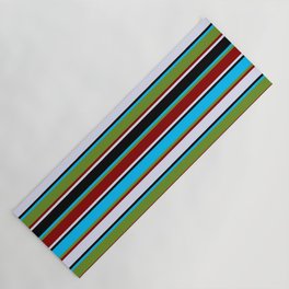 [ Thumbnail: Eyecatching Deep Sky Blue, Green, Dark Red, Lavender, and Black Colored Lines/Stripes Pattern Yoga Mat ]