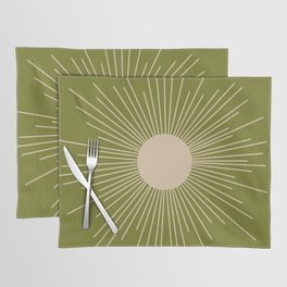 Mid-Century Modern Sunburst - Minimalist Sun in Mid Mod Beige and Olive Green Placemat