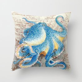 Blue octopus Vintage Map Watercolor Nautical Marine Art Throw Pillow